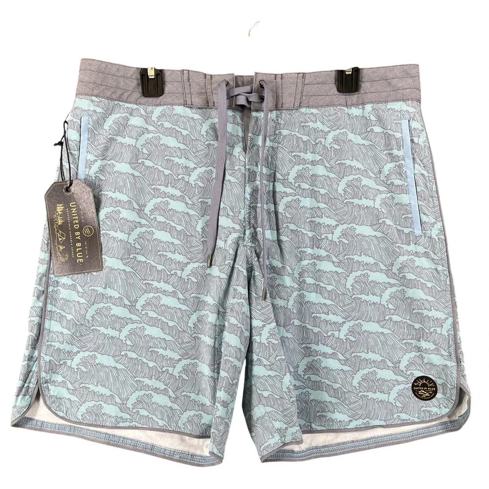United By Blue Breakers Scallop Boardshort Mens 34 Wave Print Teal Surf Swim